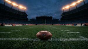 NFL football on the 50-yard line under stadium floodlights before kickoff, representing closing line value timing in sports betting