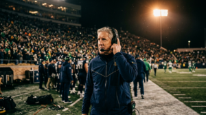 NFL head coach on sideline with headset during a critical late-game drive under stadium floodlights