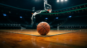 NBA basketball resting on the three-point arc under arena floodlights before an NBA Cup tip-off