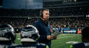 NFL head coach on sideline with headset during a high-stakes game under stadium floodlights