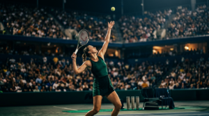 Professional tennis player executing a powerful serve under stadium floodlights during a night match