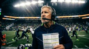 NFL head coach on sideline with headset under stadium lights during a critical game drive